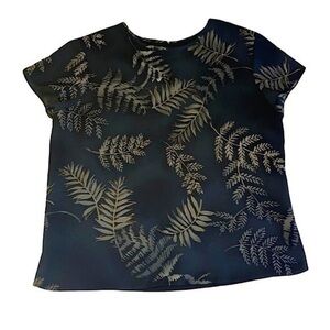 Vintage Black & Taupe Leaf Fern Patterned Short Sleeve Blouse​